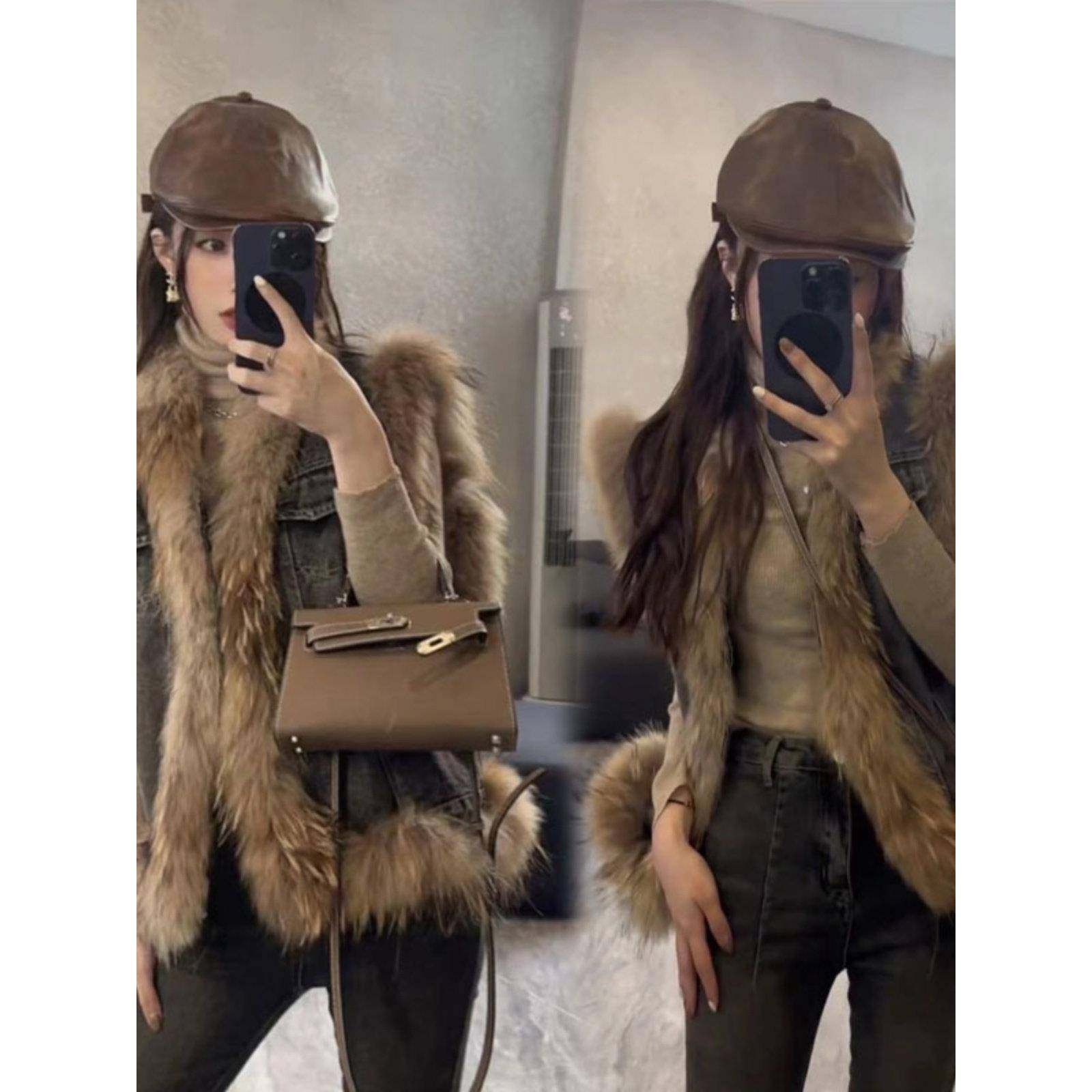 韩国2025冬新款时尚牛仔拼接环保皮草外套女加棉保暖洋气宽松马甲,女装/女士精品,短外套,淘宝优惠券,粉丝福利购,淘宝优惠卷