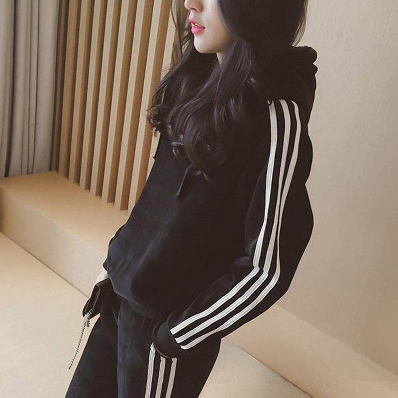 香港秋冬连帽金丝绒套装女加绒加厚宽松大码卫衣休闲裤运动两件套