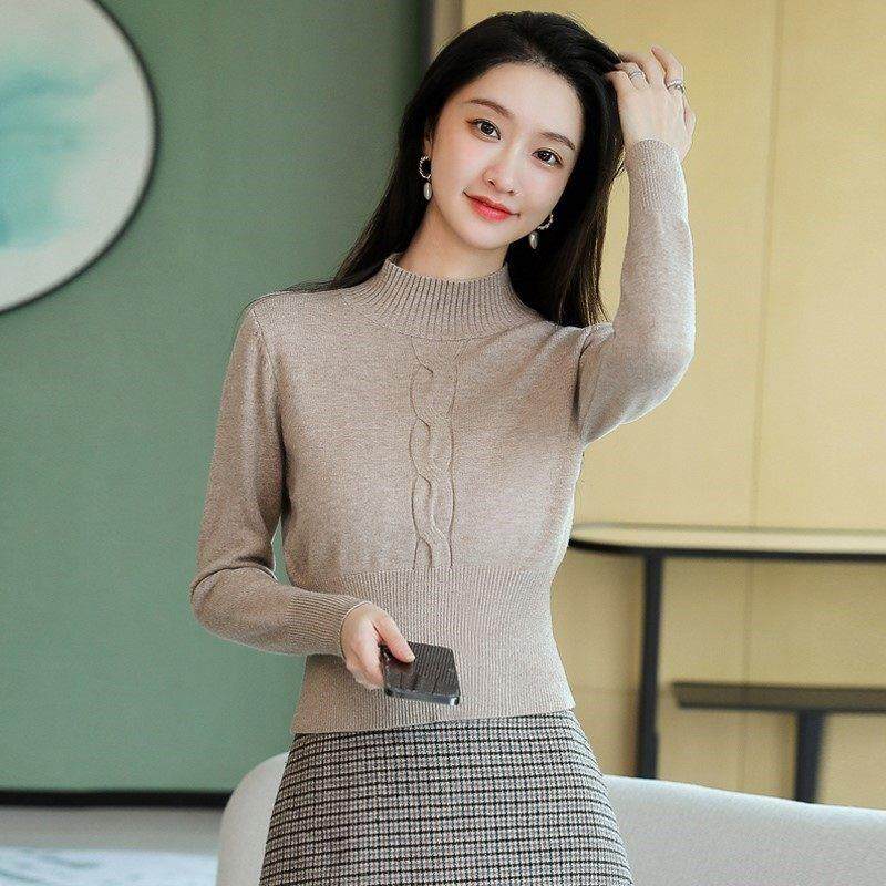 高腰短款针织衫女士春秋新款时尚百搭小个子半高领加绒上衣打底衫