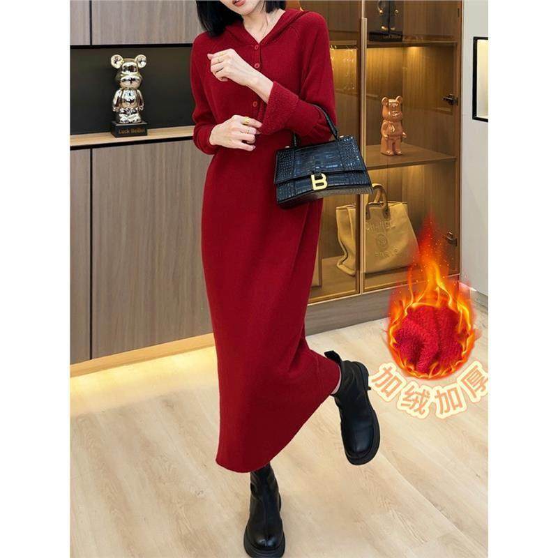 欧洲站连帽加厚打底针织连衣裙女2025年新款秋宽松洋气内搭毛衣裙,女装/女士精品,连衣裙,淘宝优惠券,粉丝福利购,淘宝优惠卷