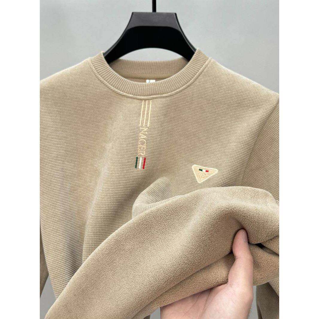 欧洲站潮牌纯色刺绣一体绒卫衣男冬季加绒加厚高端保暖圆领上衣服