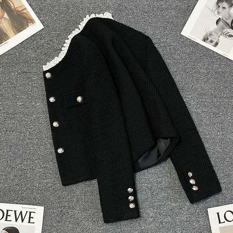 潮牌黑色蕾丝立领小香风西装外套女2025春秋冬新款长袖单排扣上衣