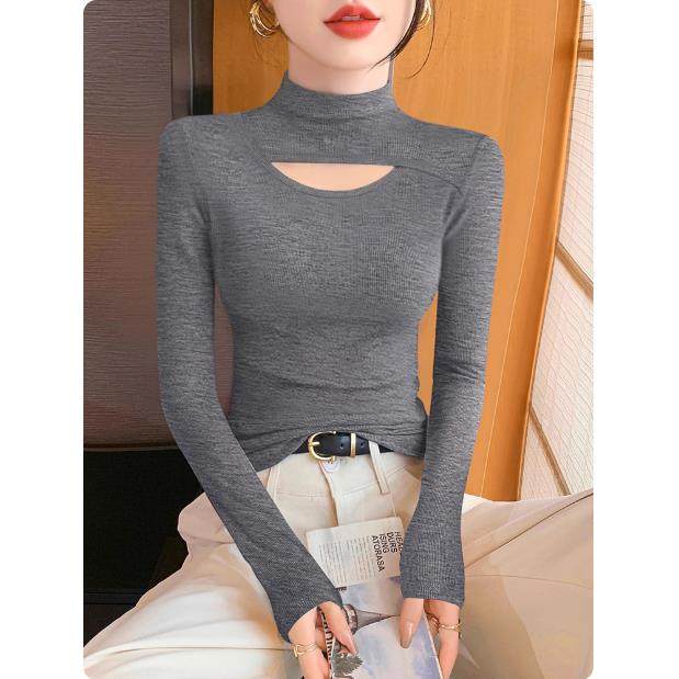 专柜半高领镂空打底衫女长袖t恤春秋修身内搭高级感针织螺纹上衣