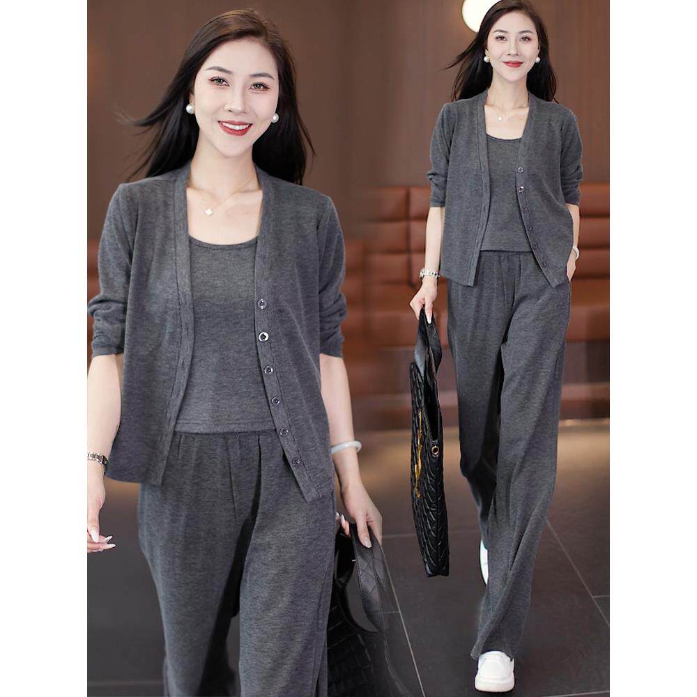 香港代购时尚休闲套装女2024秋新款韩版洋气短款开衫阔腿裤三件套