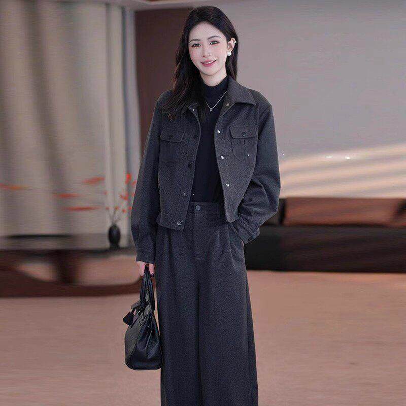 香港代购高级感时尚套装女春秋新款洋气显瘦短款外套阔腿裤两件套