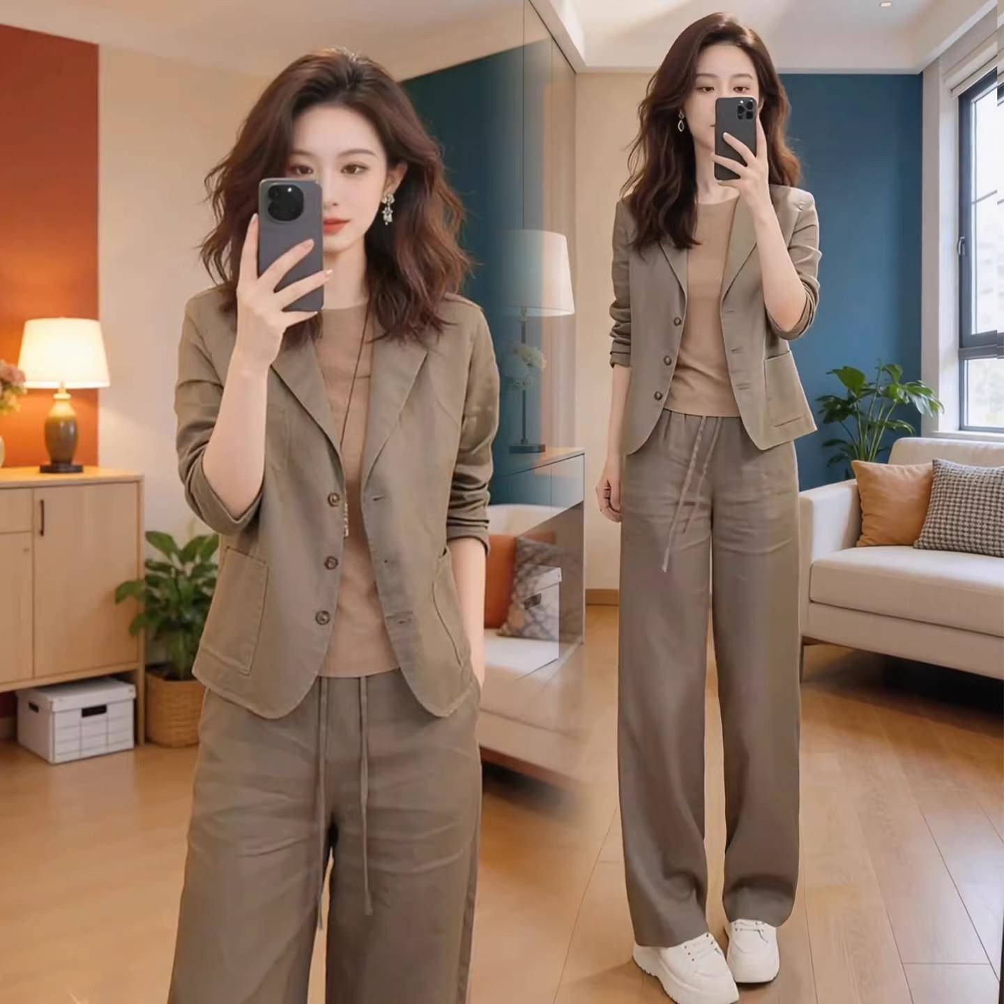 香港代购时尚休闲西装套装女春秋新款显瘦短款西服阔腿裤子两件套