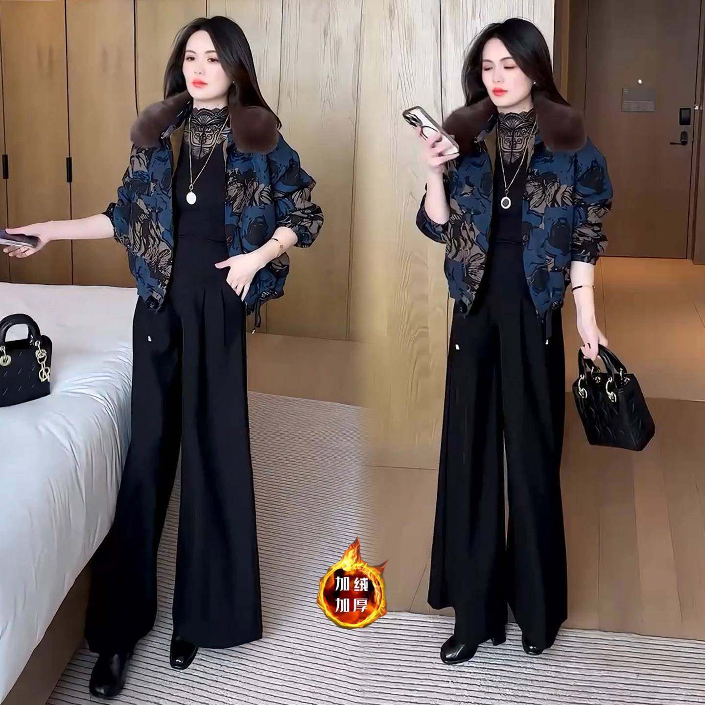 香港代购加绒加厚印花短外套女冬季新款时髦大毛领保暖夹克上衣潮