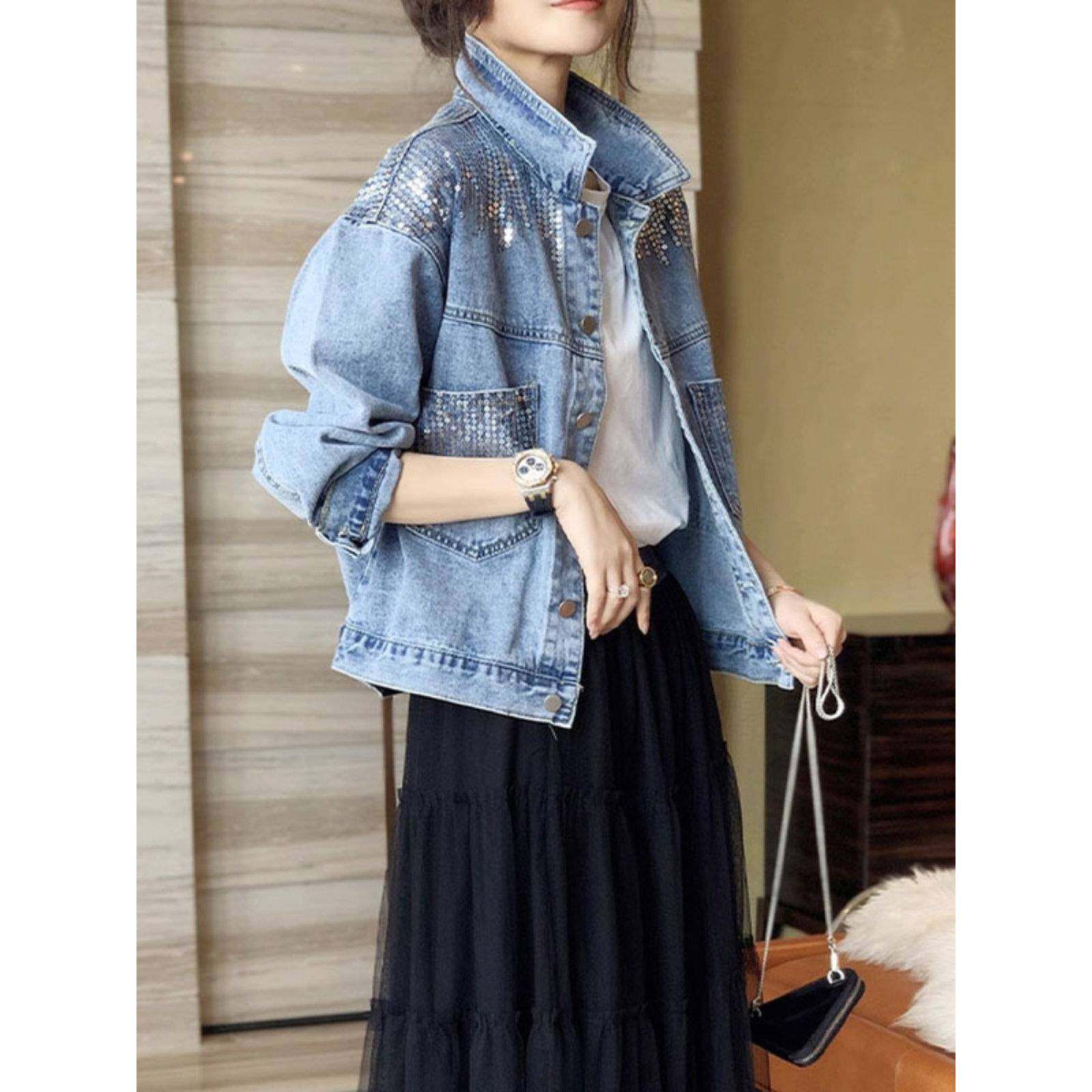 欧洲站蓝色亮片牛仔外套女2025年春秋新款时尚港味减龄休闲夹克潮