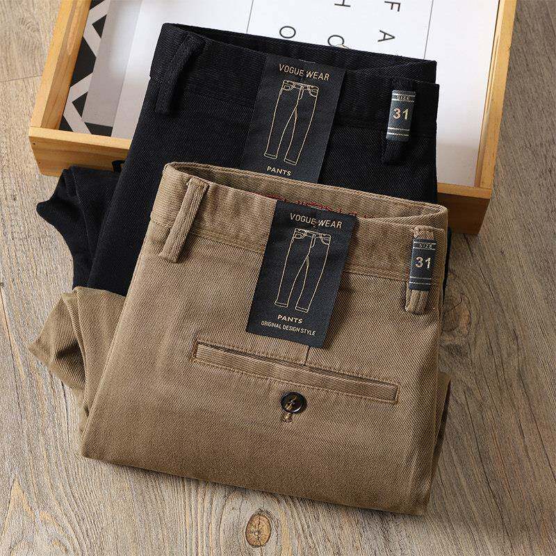 男士秋冬厚款进口粗棉质斜纹休闲裤欧美简约卡其色宽松直筒商务裤