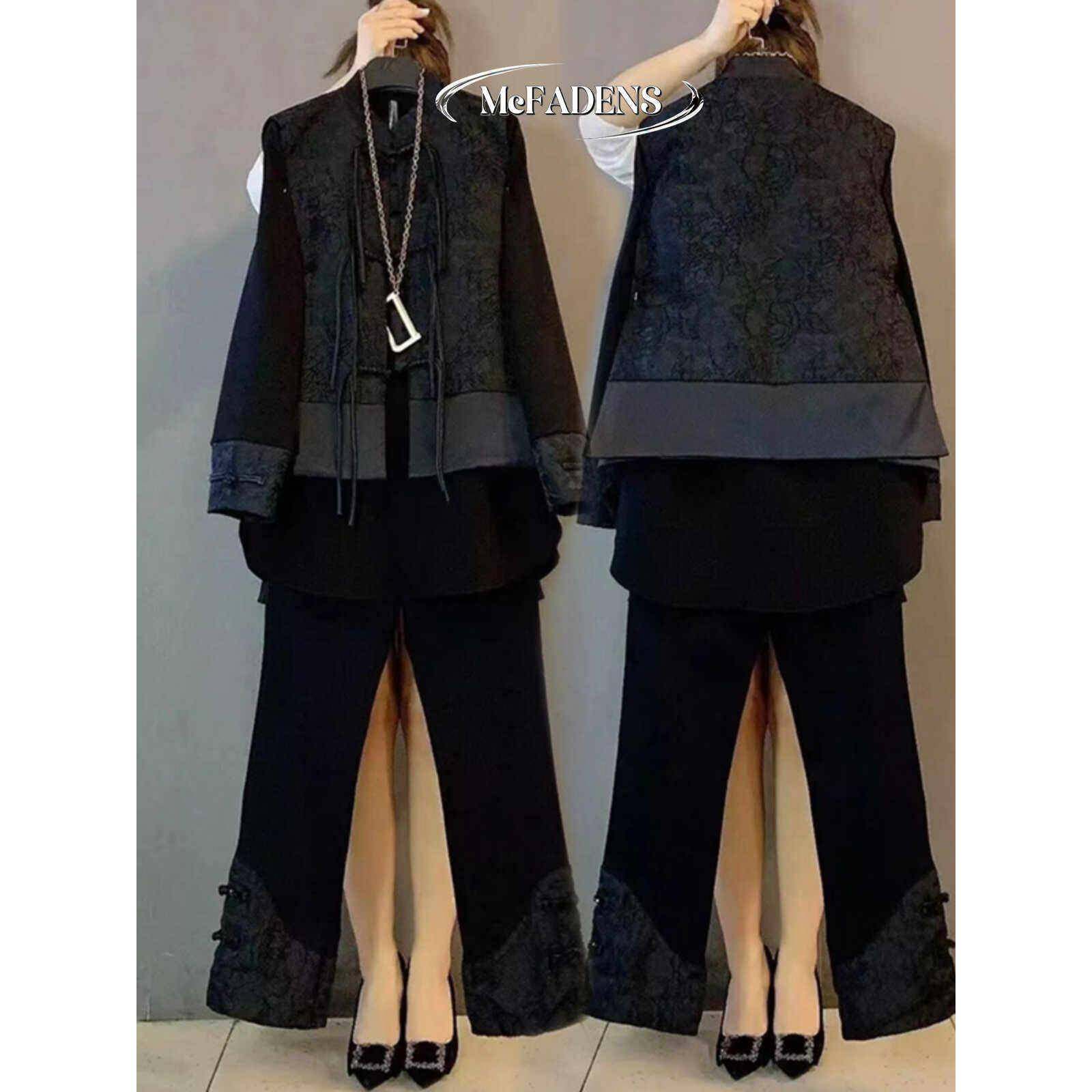 香港胖mm国风马甲显瘦打底衫裤子三件套秋款大码新中式时尚套装女,女装/女士精品,大码套装,淘宝优惠券,粉丝福利购,淘宝优惠卷