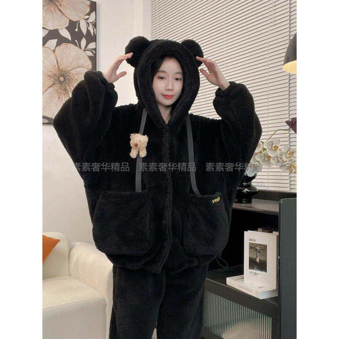 黑色可爱小熊加绒加厚连帽情侣睡衣男女冬季宽松外穿珊瑚绒家居服