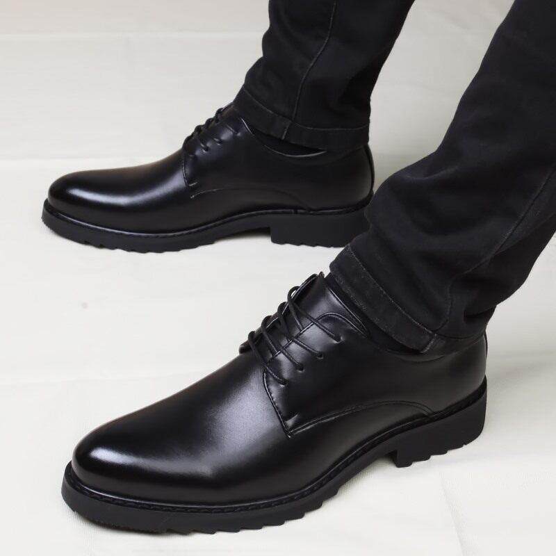 潮牌高端皮鞋男韩版商务正装休闲鞋男士真皮英伦系带内增高结婚鞋