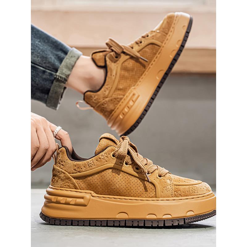 潮牌秋季小麦色覆古增高翻毛皮鞋青少年学生潮流百搭运动休闲板鞋