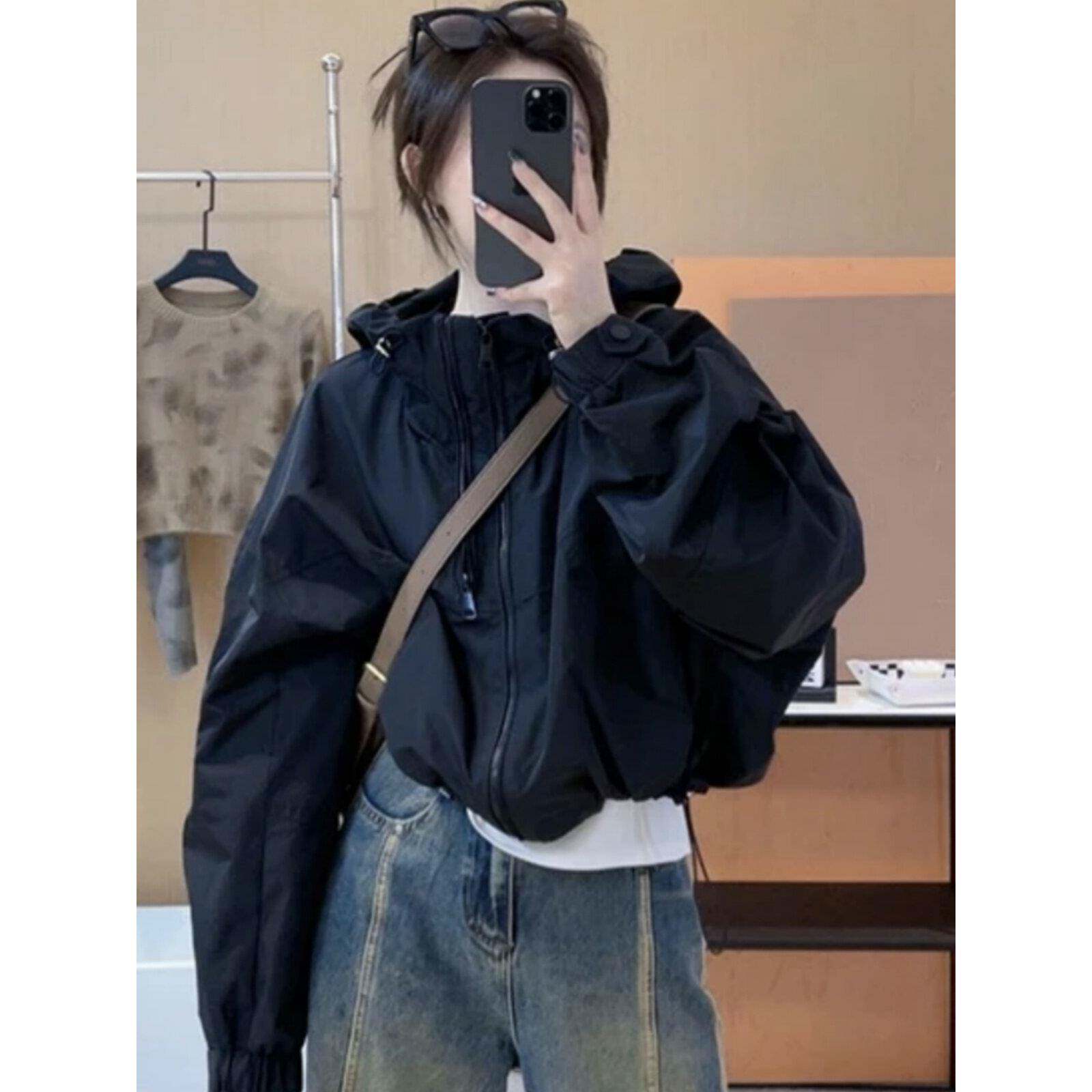 欧洲站设计感双拉炼连帽风衣外套女秋季立领短款休闲冲锋衣上衣潮