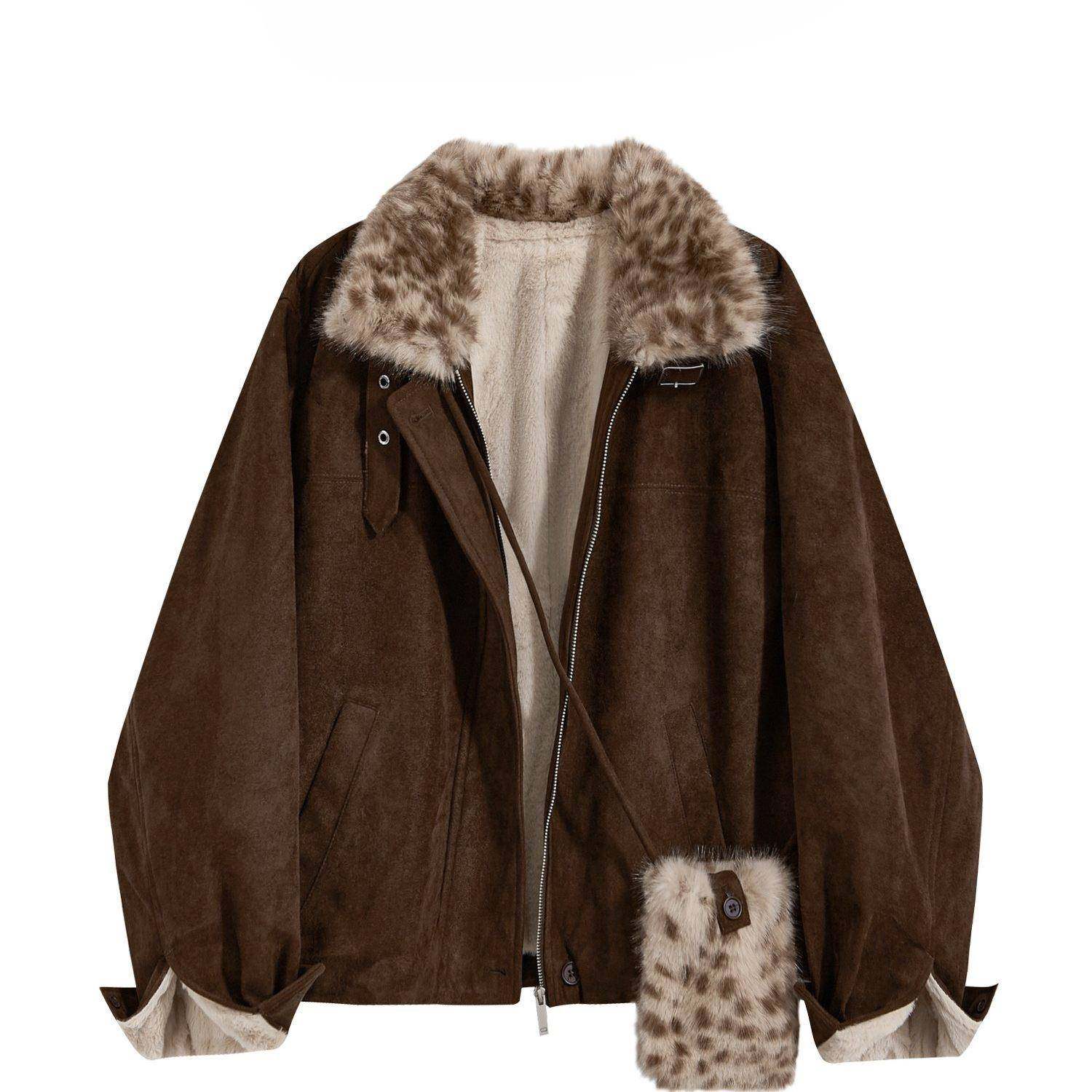 香港冬季法式美拉德麂皮绒短款外套女高级感加厚保暖毛领拼接豹纹