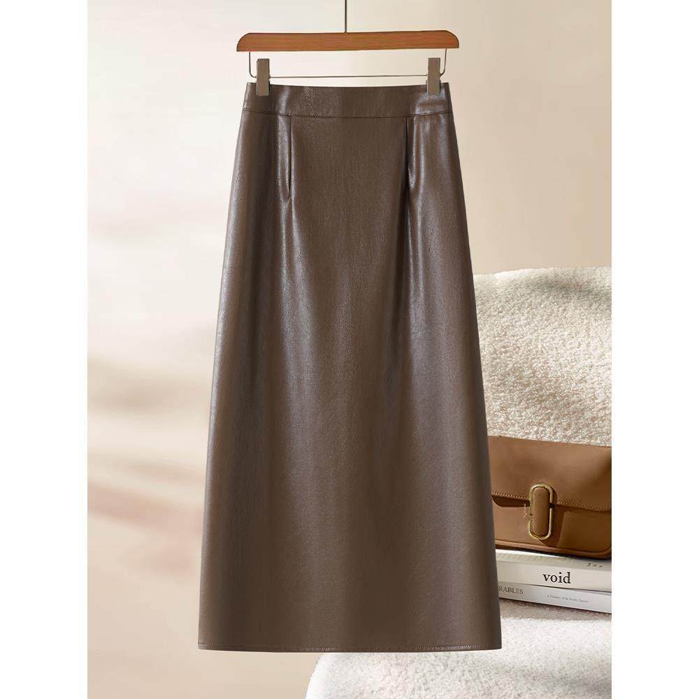 高档轻奢咖色真皮皮裙女士秋季新款百搭通勤a字直筒裙包臀半身裙