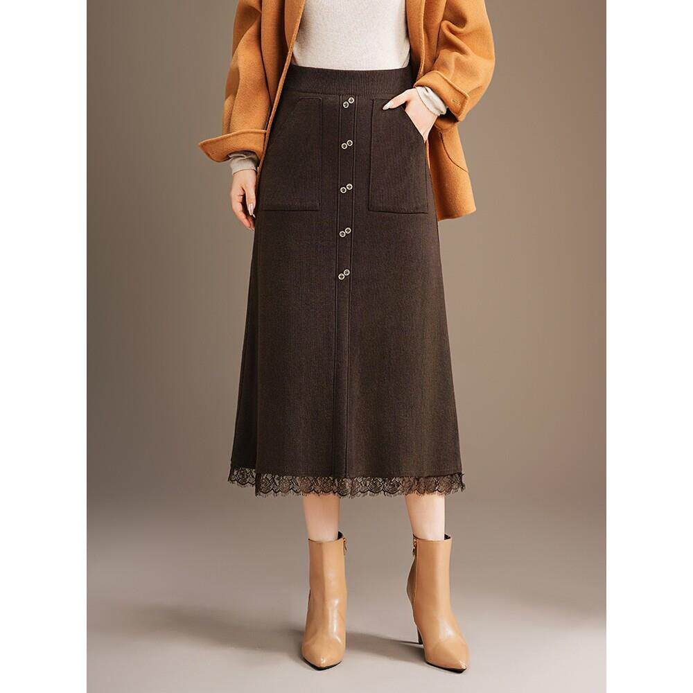 高腰显瘦针织半身裙女2025秋冬蕾丝显瘦A字小个子气质巨好看长裙