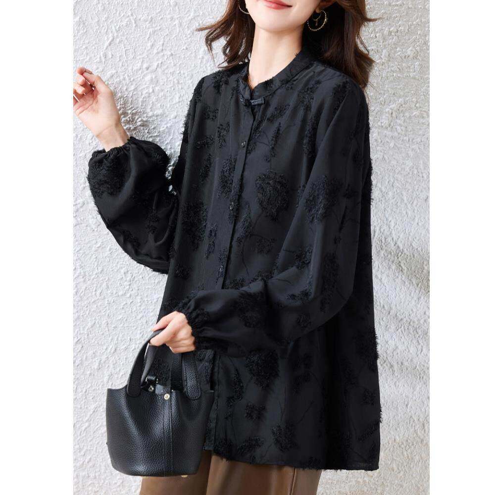 高级新中式复古立领提花盘扣衬衫女2025春秋新款显瘦气质小衫衬衣