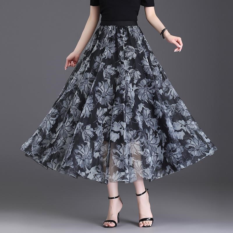 印花沙裙子网纱半身裙夏季长裙女高腰a字大摆裙温柔风垂感百褶裙