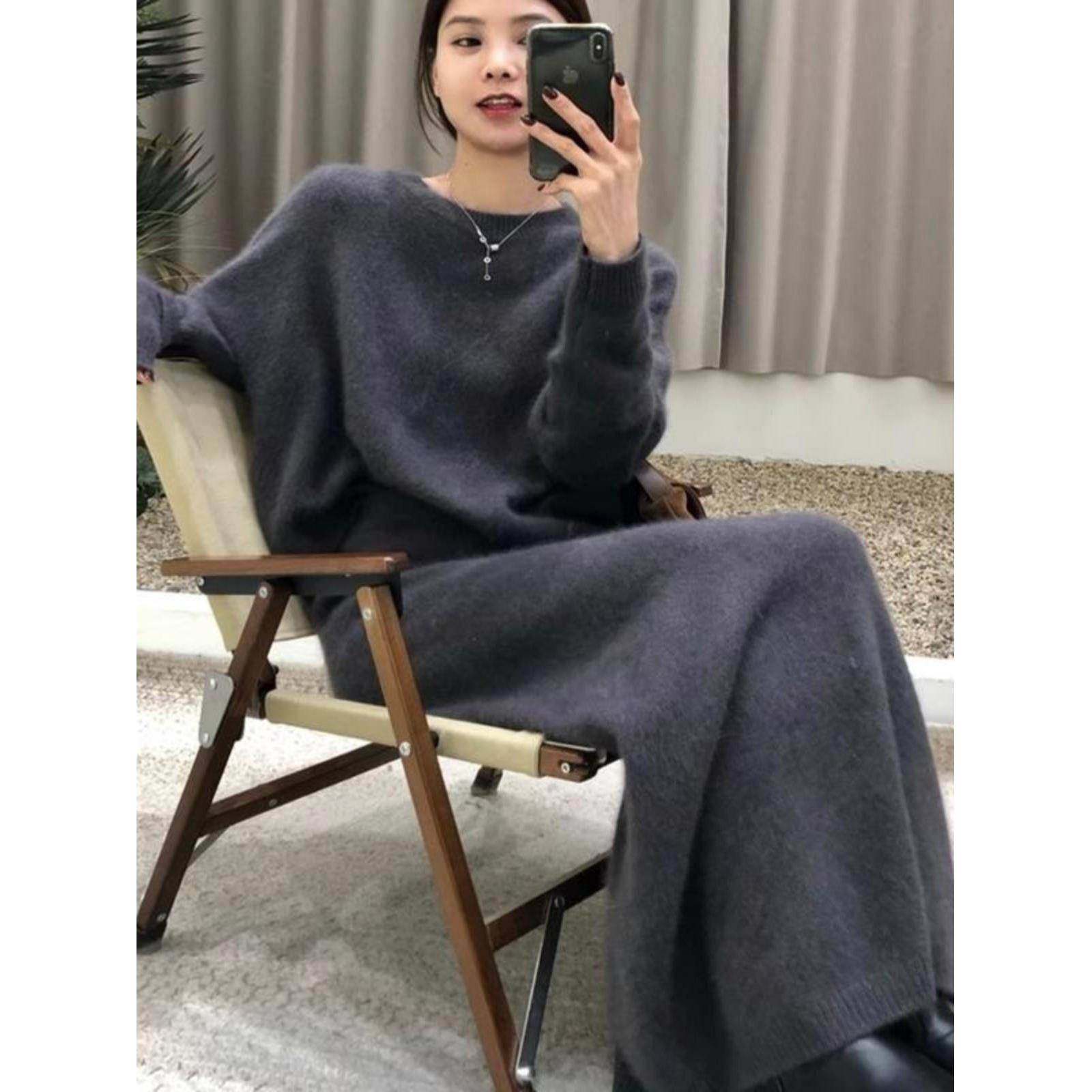 香港2025穿搭针织套装绝美奶fufu慵懒风灰色毛衣半身裙两件套秋冬