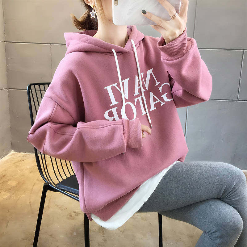 假两件卫衣女韩版潮宽松字母印花秋冬季加绒加厚外套女200斤胖mm