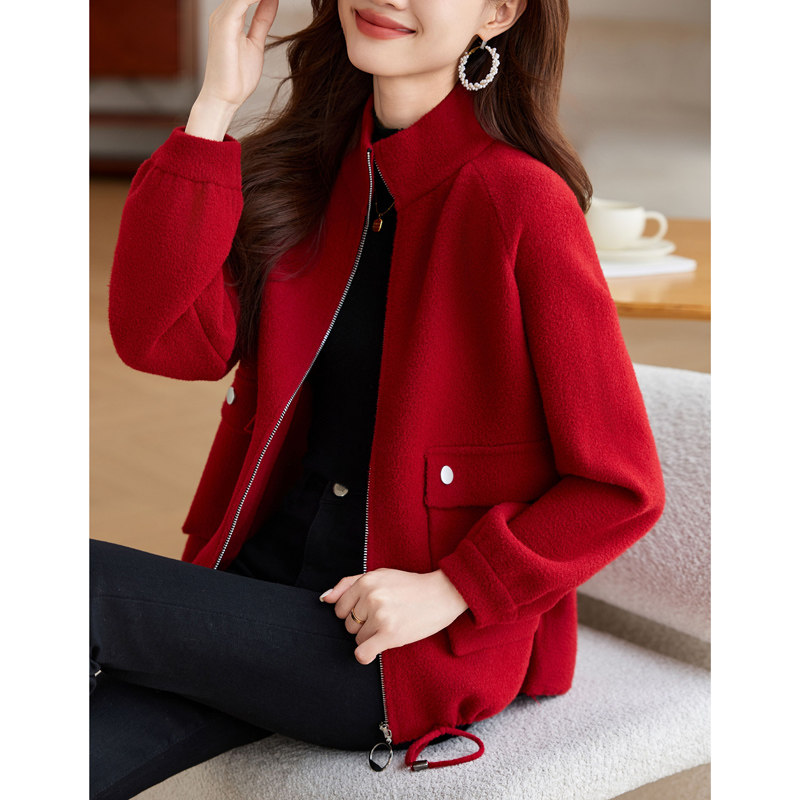 2025新款春秋季本命年红色女装时尚外套爆款洋气拉链毛呢减龄上衣