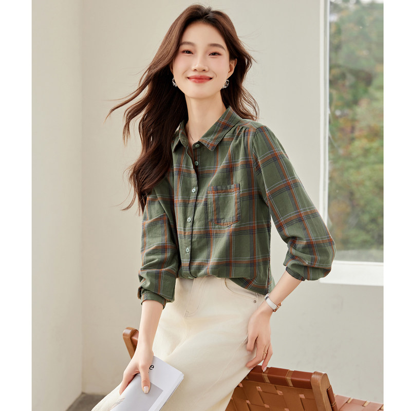 2025新款春季女装复古纯棉格子衬衫长袖上衣爆款休闲百搭外穿衬衣