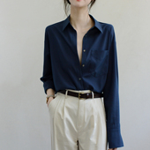 TRR 女大口慵懒ol通勤气质上衣 宽松衬衫 高端轻奢 墨蓝翻领长袖