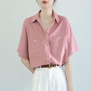 TRR 舒服上身oversize 磨砂感 亚麻莱赛尔粉衬衫宽松夏女上衣短袖