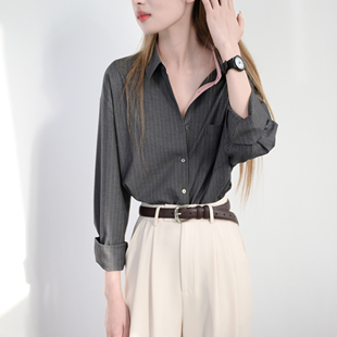 女宽松长袖 TRR 通勤实用chic撞色衬衫 沉稳 抗皱条纹上衣 高级灰