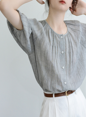 TRR 银灰色棉麻闲适舒适夏衬衫女宽松圆领上衣显瘦半袖新款空调衫