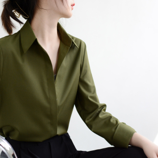 女微宽松气质通勤OL 衬衫 TRR 实穿吸睛抢眼军绿显白暗门襟极简长袖