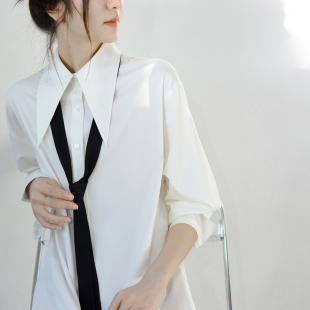 领带上衣 裙女男朋友风帅气中性尖领长袖 TRR 眼前一亮中长衬白衬衫
