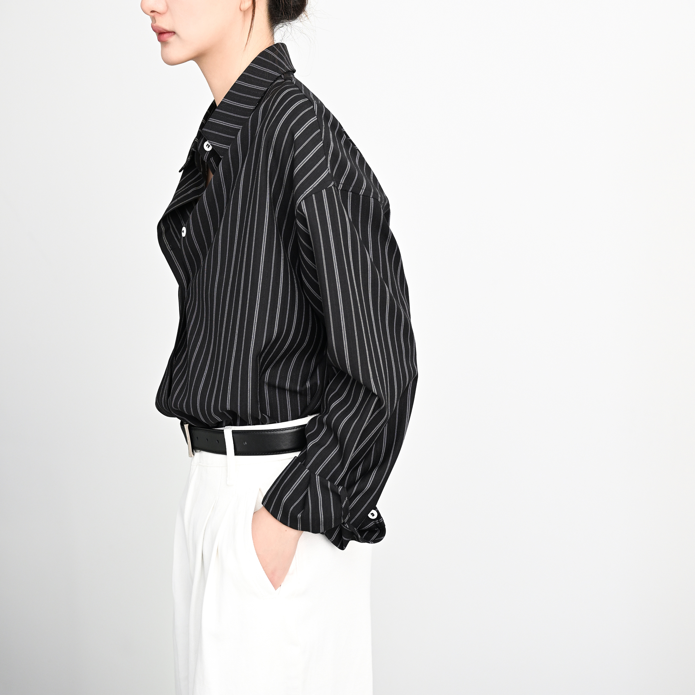 TRR 温柔小姨风穿搭黑条纹中性宽松长袖衬衫女 chiic衬衣落肩上衣