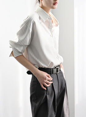 TRR 氛围感经典条纹元素 宽松长袖衬衫女 通勤上衣衬衣oversize