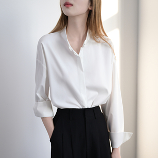 宽松长袖 TRR 女 立领盘扣暗门襟白衬衫 衬衣圆弧下摆上衣 温婉气质