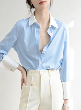 TRR 撞色私藏 fashion气质微宽松长袖new蓝衬衫女 设计感简约上衣