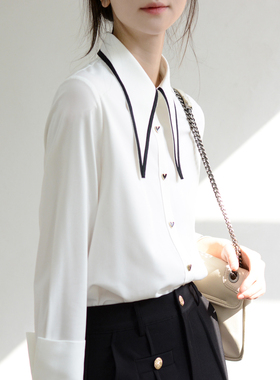 TRR不容错过爱心纽扣黑色镶边new设计微宽松长袖白衬衫女通勤chic