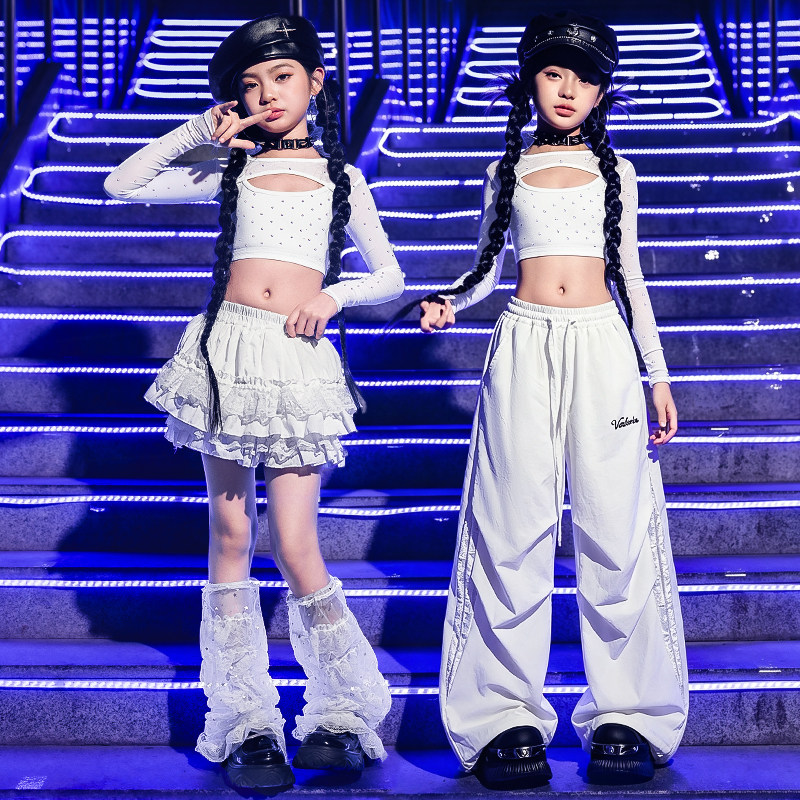爵士舞女童服装儿童街舞演出服套装hiphop潮酷白色嘻哈走秀表演服