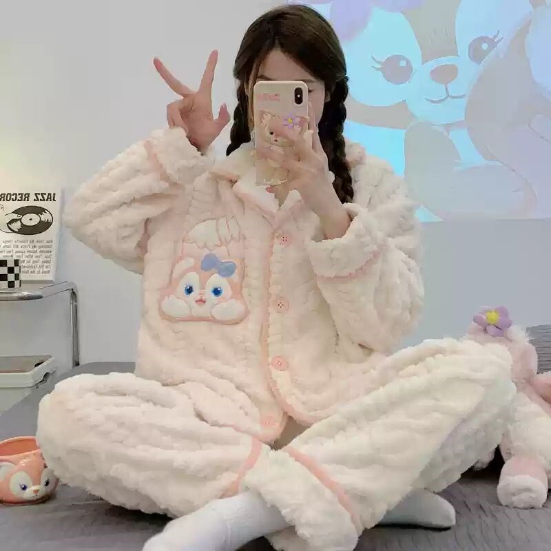 日系史迪仔睡衣女士秋冬季珊瑚绒法兰绒加厚加绒冬天款家居服套装