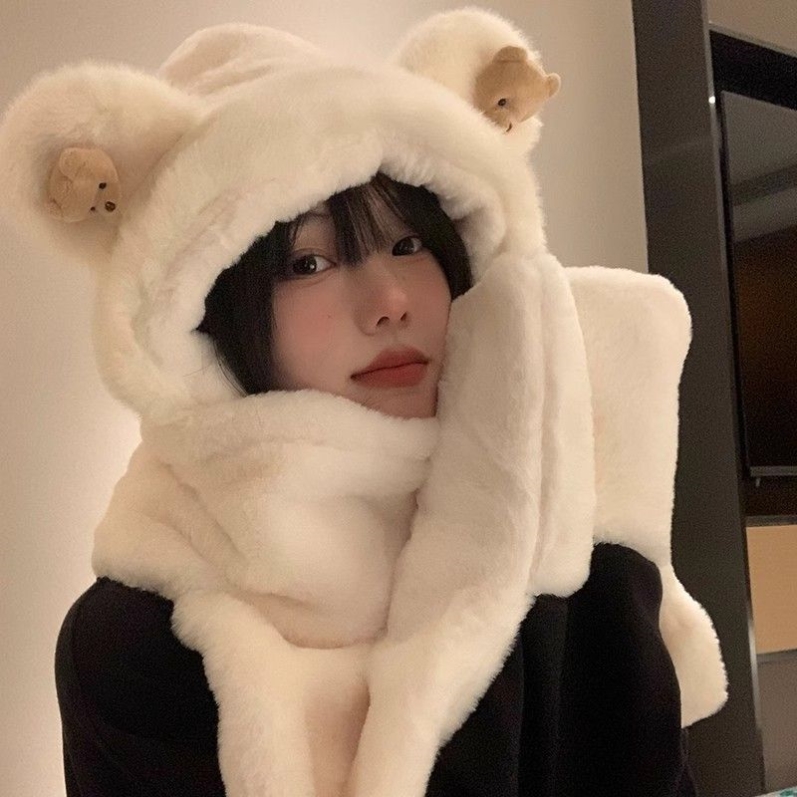 帽子围巾一体女冬季毛绒可爱小熊耳朵围脖骑车防寒加厚保暖三件套