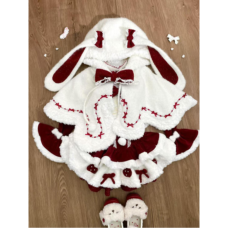 草莓兔软妹毛绒兔耳斗篷外套红丝绒连衣裙套装秋冬洛丽塔lolita裙