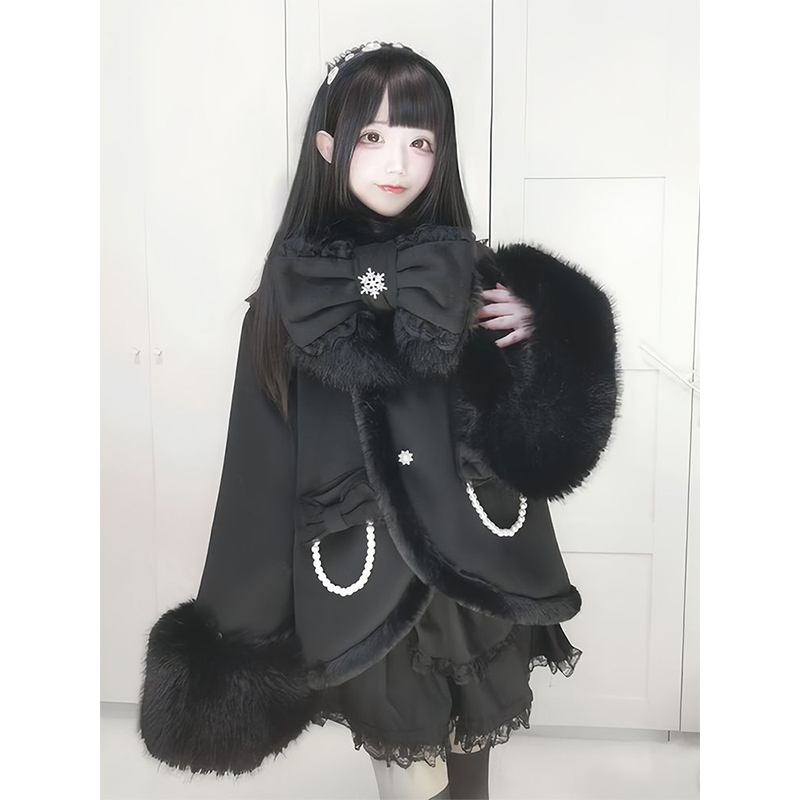 日系小个子穿搭黑色百搭夹棉毛呢外套蝴蝶结围巾lolita套装洛丽塔