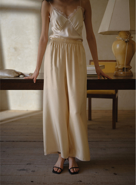 commuse memory『垂坠的诗』真丝斜纹绸蕾丝拼接直筒休闲裤女长裤