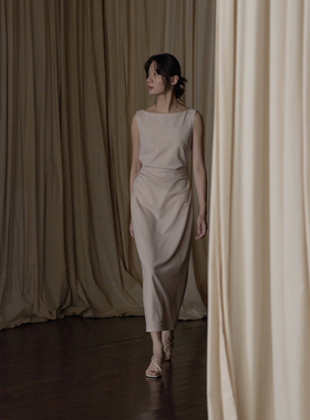 commuse memory夏季 法式优雅 精纺羊毛一字领系带长款通勤连衣裙