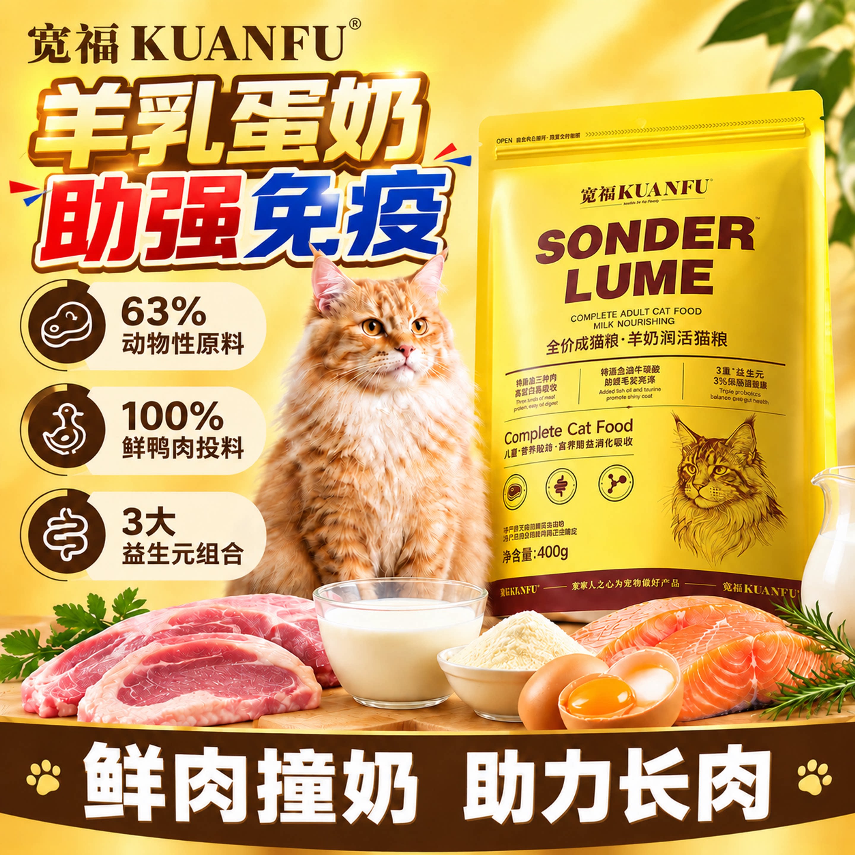 宽福羊奶润活猫粮高含鲜肉羊奶成猫通用全价营养型试吃粮食包S
