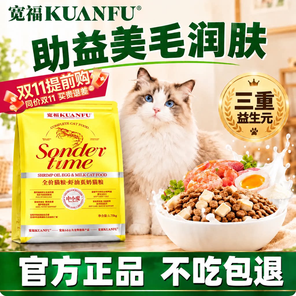 宽福虾油蛋奶鲜肉猫粮高含鲜肉成猫通用全价营养型试吃粮食包S