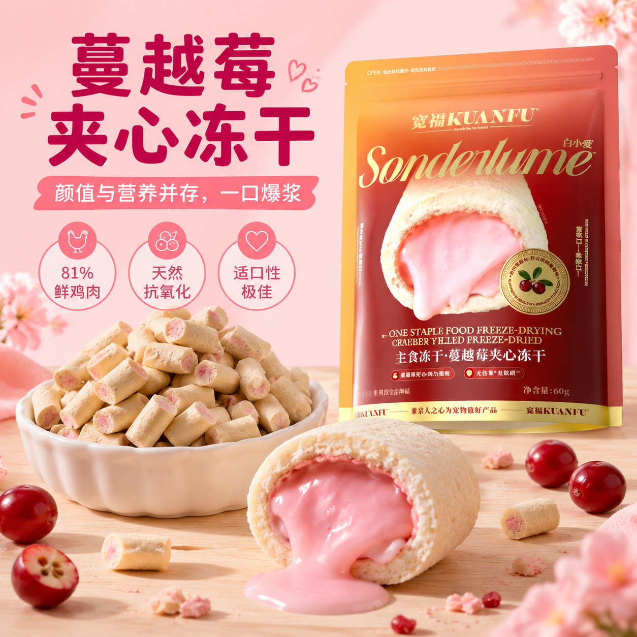 宽福主食冻干蔓越莓夹心猫咪零食猫薄荷宠物磨牙鱼油食物营养S
