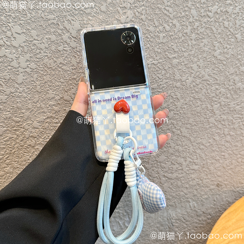 蓝粉格子适用华为puraX手机壳小米mixflip2指环扣pocket2小清新绿格荣耀magicv透明三星zflip7/6/5卡通手提绳