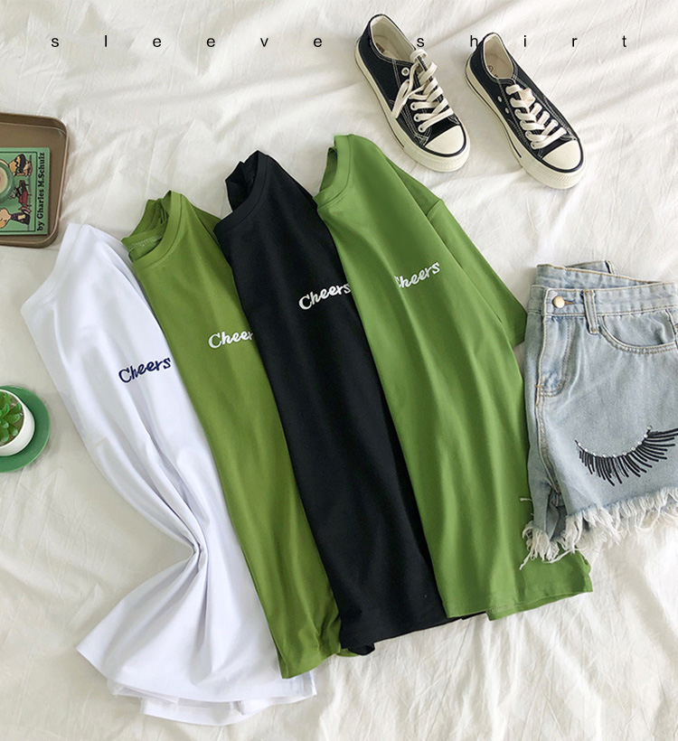 牛油果绿短袖T恤女学生韩版夏季新款宽松学院风半袖字母印花上衣
